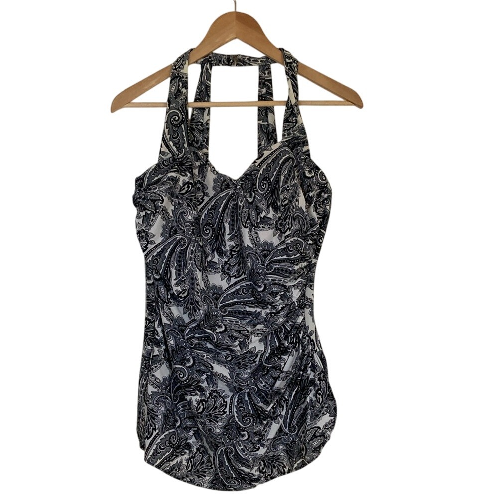Lands End Womens Black White Modest V Neck Slender Wrap 1 Piece Swimsuit Size 14